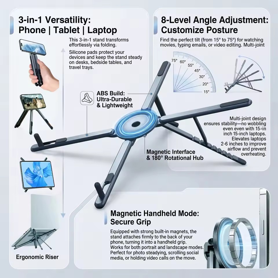 Tablet Stand Accessories - Tragbarer Magnetischer Handyhalter & Selfie-Stick 3-in-1